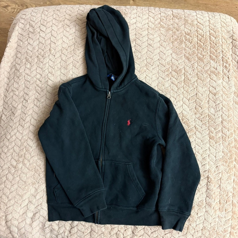 Polo Ralph Lauren Zip Up Hoodie Size 8 Black Red Pony Logo Classic Preppy Sporty